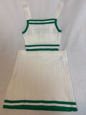 Freshman 1996 Knit 2pc Skirt Set S M White Green Cable Varsity Summer Athleisure